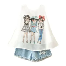 Г., милая летняя одежда синего цвета для маленьких девочек жилет с принтом, футболка+ короткие штаны, комплект, ST28
