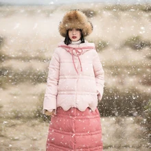 Хлопок зимняя одежда ретро искусство цвет галстук длина два носить с капюшоном куртка подол лепестки