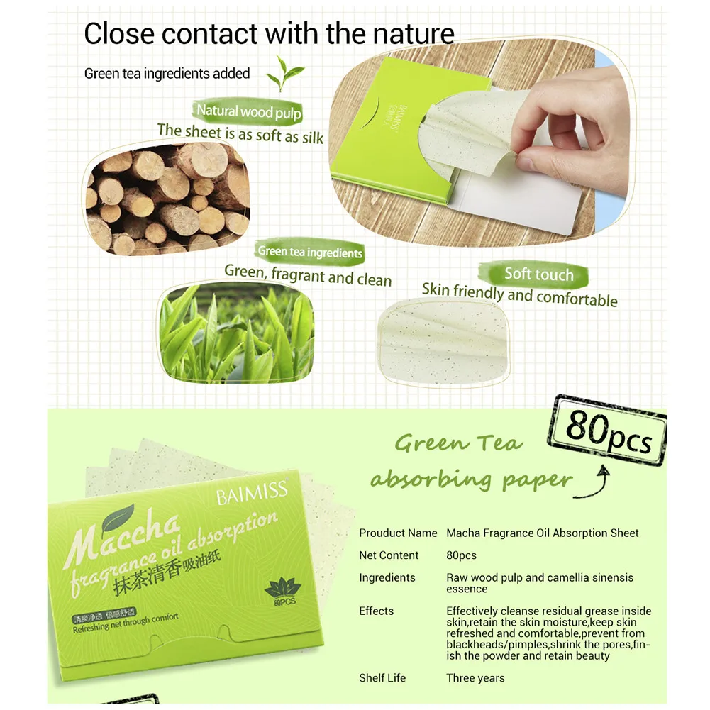 Matcha Absorbent Paper Oil Absorbing Sheets Deep Cleanser Face Oil Control Tool Blackhead Remover Acne Treatment 100PCS 40