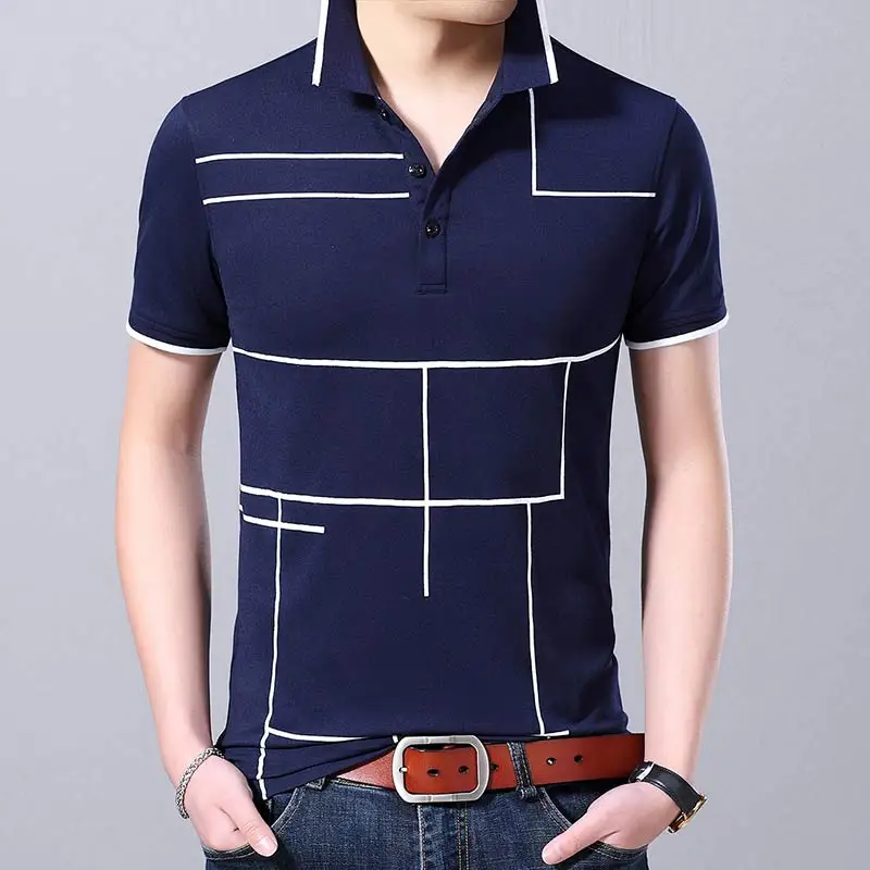 Брендовая Повседневная летняя Клетчатая рубашка поло с коротким рукавом, мужская рубашка из Джерси, роскошные мужские рубашки поло, модная одежда 41645 - Цвет: Тёмно-синий