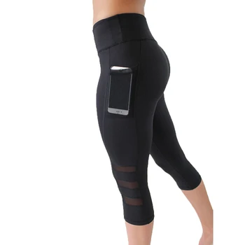 

New High Waist Elastic Women Mesh Legging Pants Black Sexy Fitness Sporting Capri Pants With Pocket Cropped Trousers leggings