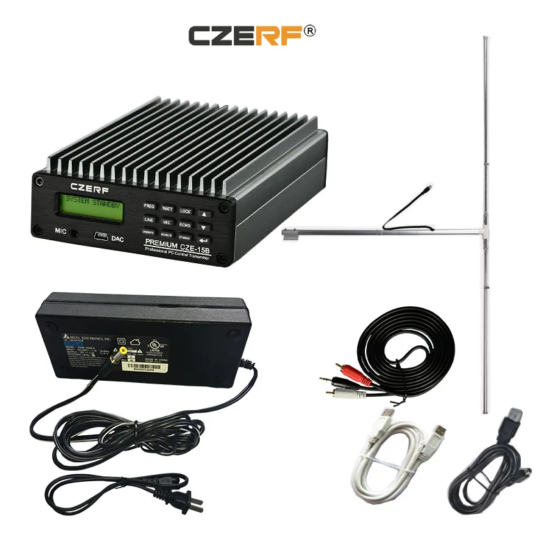 

Free shipping CZE-15B 0w to 15w wireless fm transmitter 87-108MHz Adjustable with 1/2 wave GP aluminum antenna kits