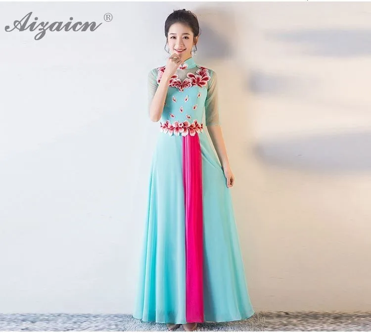Модные синие Cheongsam Qipao Для женщин длинные традиционное китайское ...