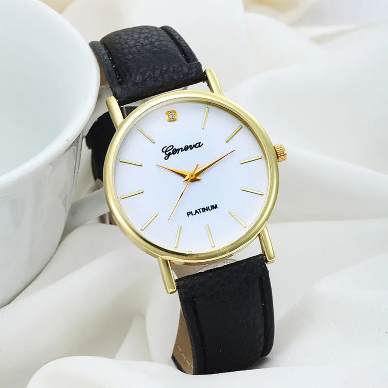 Для женщин модные дизайн циферблат кожаный ремешок аналоговые Женева кварцевые наручные часы новое поступление простой для мужчин