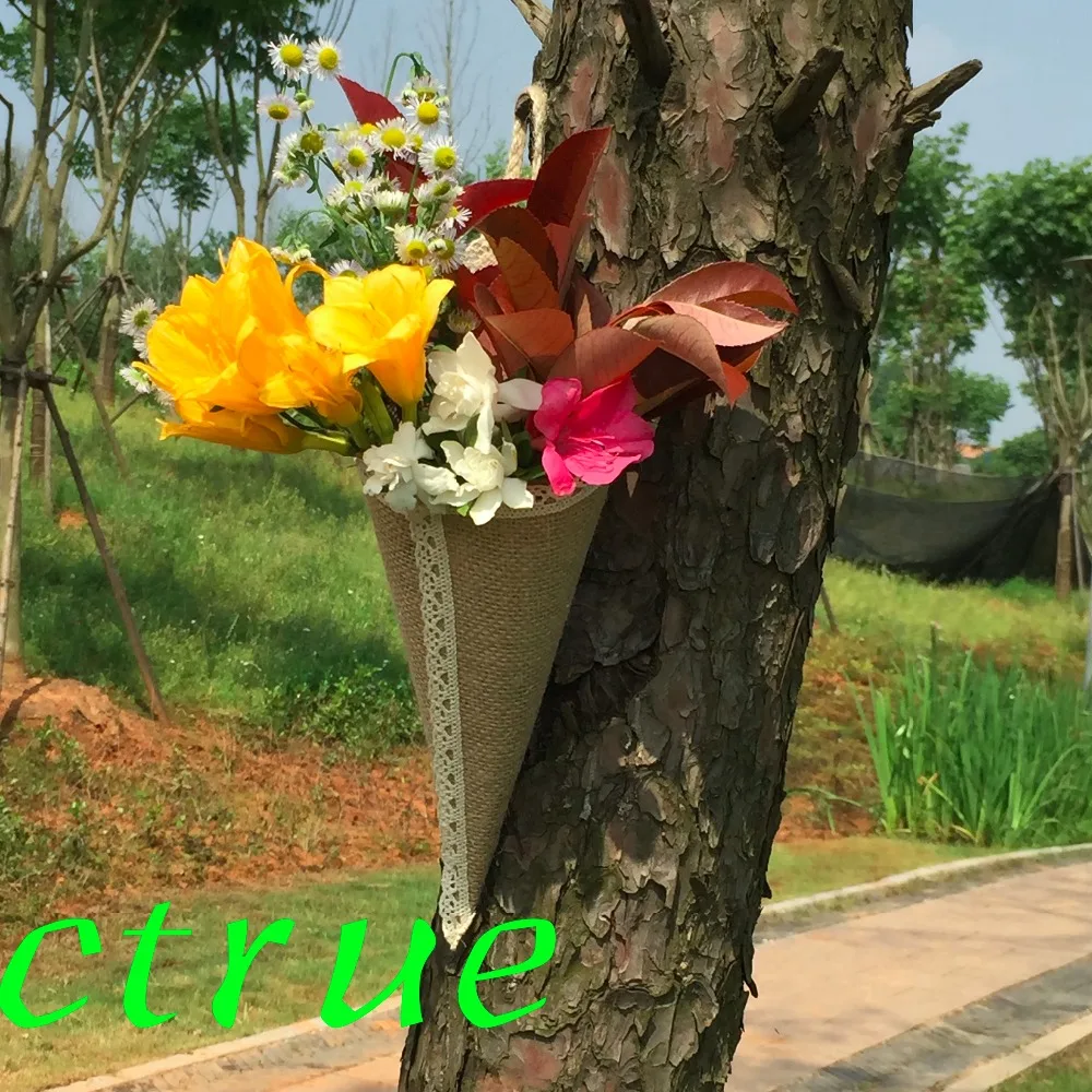 1PC Hanging Hessian Pew Cone Flower Holder Birthday Baby Shower