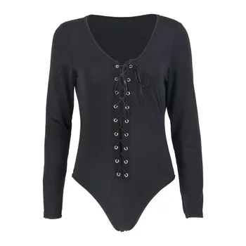 

New autumn sexy Women Ladies long sleeve Bodysuit slim solid deep v-neck lace up hollow out skinny playsuit rompers