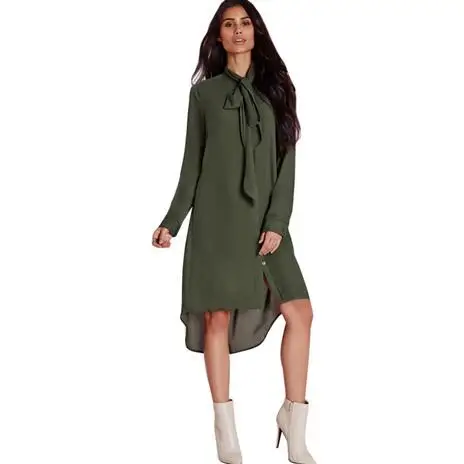 

Full Shirt Dress With Tie CINQ DIAMANTS Plus Size Loose Summer Women Tunic Dress Swing Armygreen Bowcollar Ropa DW458