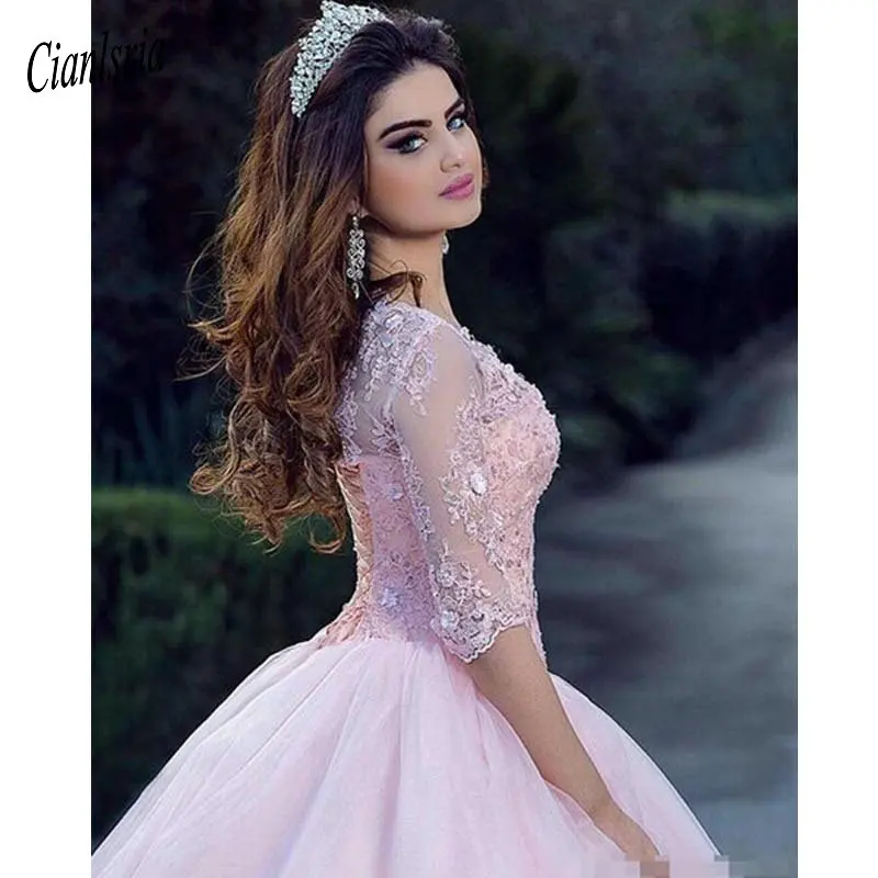 Элегантное розовое бальное платье принцессы платья для Quinceanera с глубоким вырезом