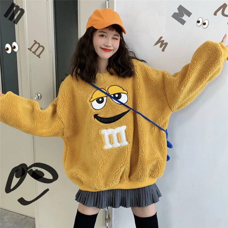 

Girl Cute Cartoon Fleece Sweatshirt Oversized Big Eyes Warm Hooded Sweatshirt Fashion Design Long-sleeved Pullovers