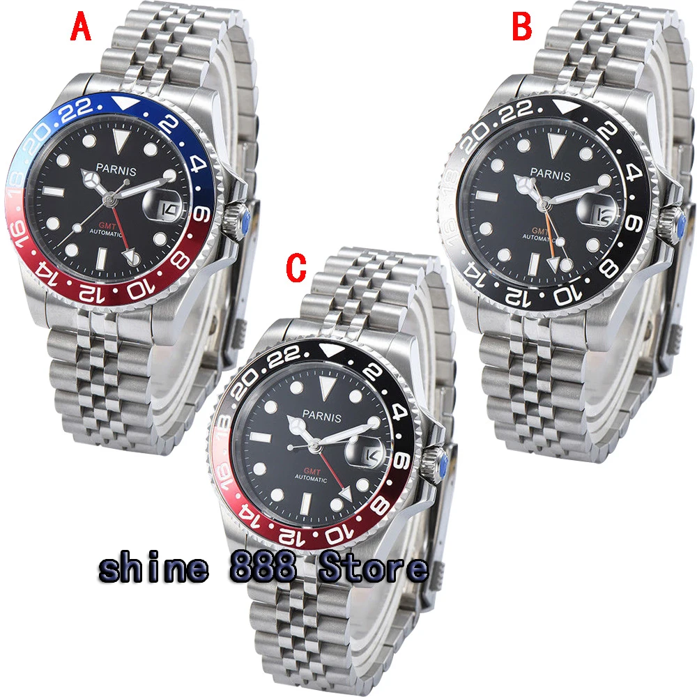 

40mm PARNIS black dial Pepsi bezel Sapphire glass date GMT automatic mens watch
