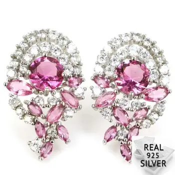 

Real 5.1g 925 Solid Sterling Silver New Designed Pink Tourmaline CZ Stud Earrings 25x15mm
