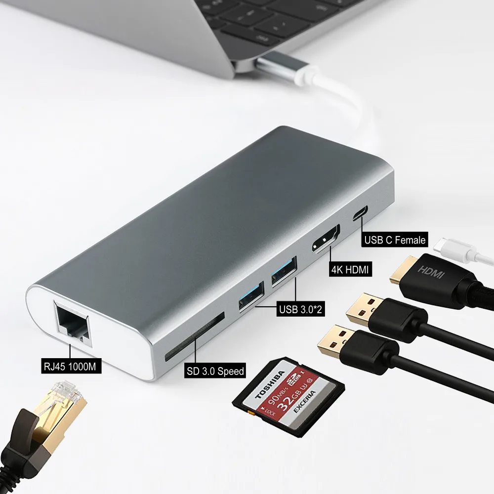 USB C محور 7-in-1with نوع C ميناء الشحن + 4 كيلو HDMI محول + 2 USB 3.0 الموانئ + 1 1000 متر إيثرنت ميناء + 1 SD للماك بوك Chromebook