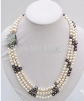 

0001008 3 Rows Genuine White Black Pearl 18KWGP Shell Flower Clasp Necklace