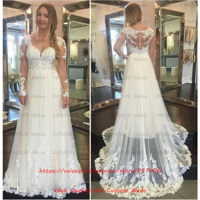 Vestidos mujer boda сексуальное свадебное платье с аппликацией сзади длинным рукавом в
