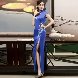 Синий 3D вышивка Qipao длинные разделение пикантные Cheongsam дизайн Китайский Винтаж Платье ежегодная встреча показ моды Лето для женщин Qi Pao