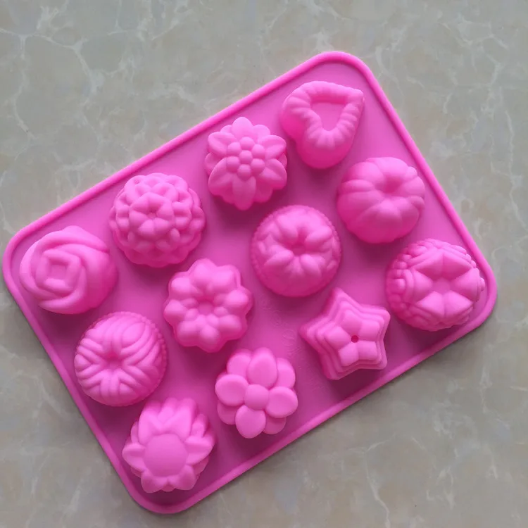 wholesale silicone cake mold 12 even different flowers shape soap making moon cake molding DIY soap silicone molds