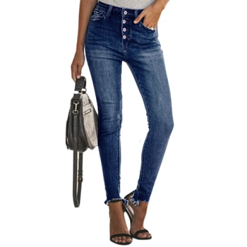 

Women'S New Distressed Slim Button Jeans Femme High Waist High Elasticity Stretch Skinny Denim Pencil Pants Trousers