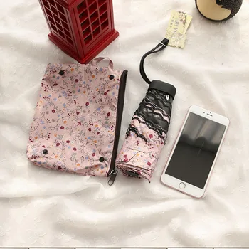 

Women's mini portable five-fold umbrellas Girls pockets umbrellas Small fresh small floral black umbrellas