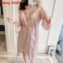 Кружева шелка с v-образным вырезом одеяние и платье комплект из 2 предметов пижамы халат платье район кафтан для сна 2 шт. домашнее платье пижамы невесты