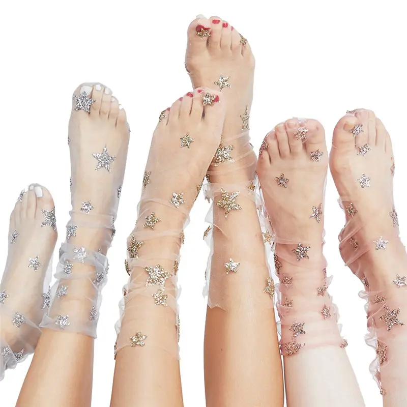 Блестящие женские блестящие сетчатые носки со звездами прозрачные носки длиной по щиколотку 5 пар элегантные женские Модные прозрачные блестящие тонкие носки