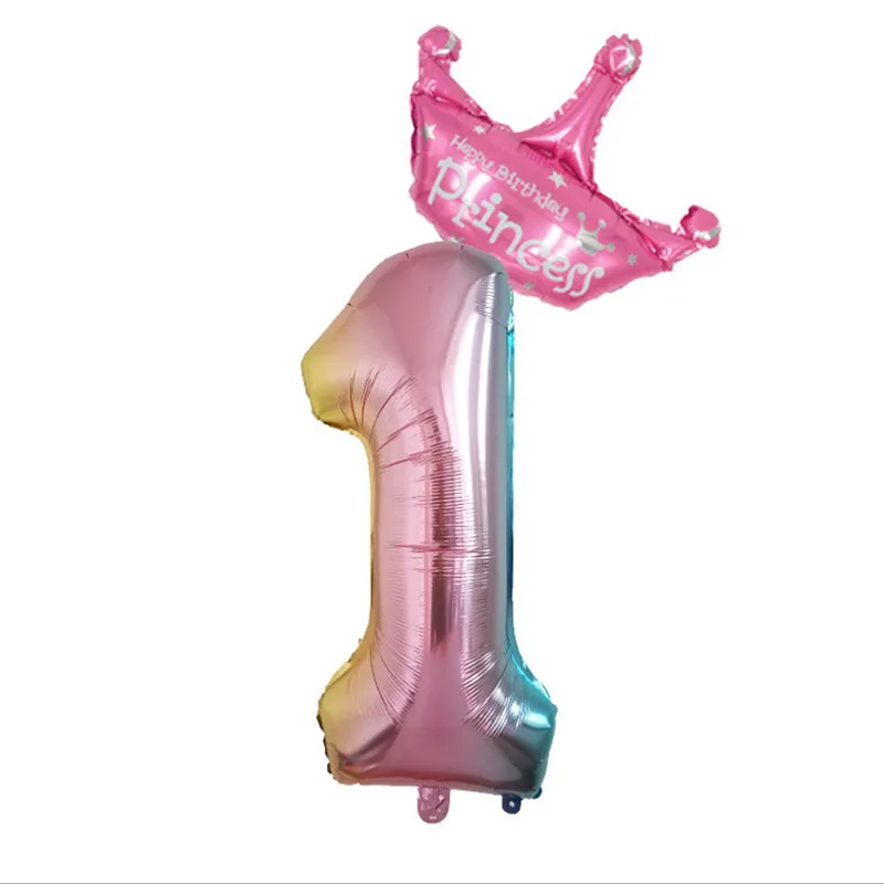 32inch Rainbow Number Balloons with Crown Baby Shower First Birthday Party Air Balloon Unicorn Foil Girls-S | Дом и сад