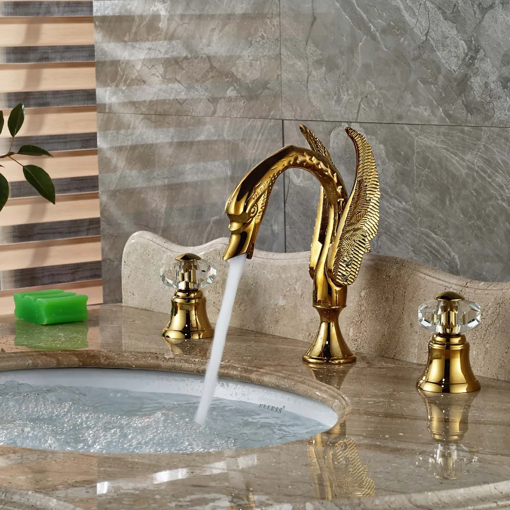 Wholesale And Retail Deck Mounted Golden Brass Bathroom Swan Faucet