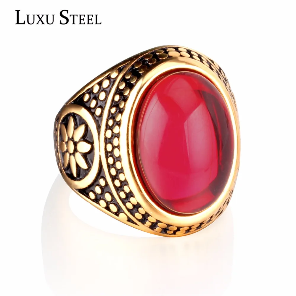 

LUXUSTEEL Vintage Jewelry Fashion Red Crystal Rings Stainless Steel Gold Color For Male Wedding Ring