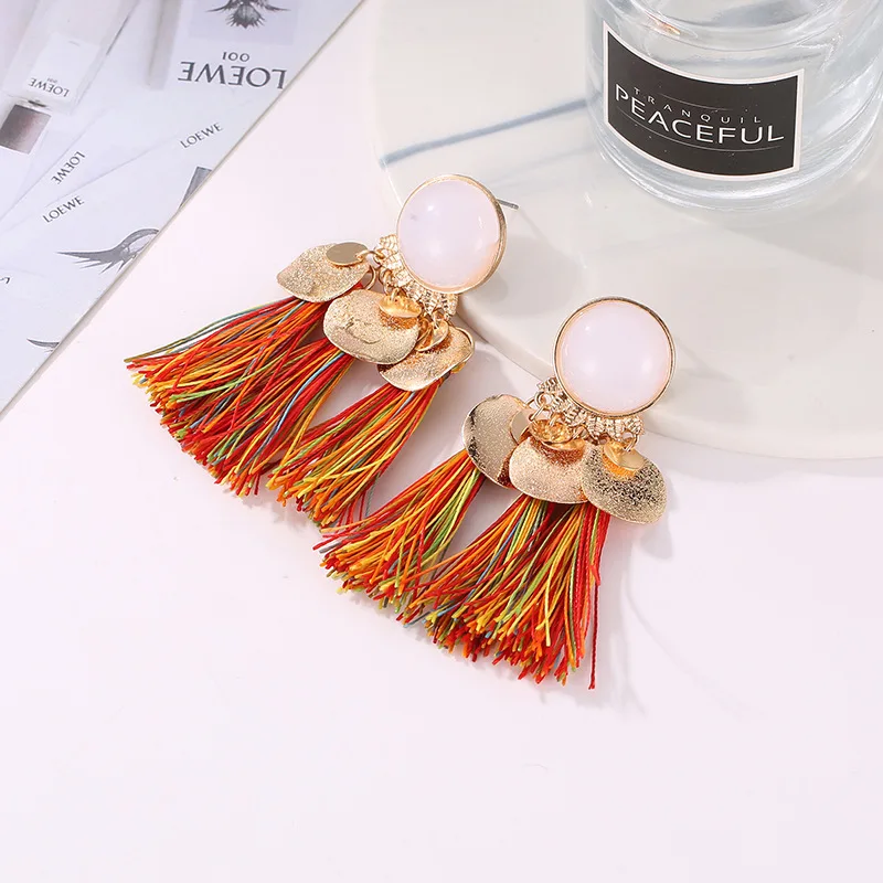 

Bohemia Smooth Round Resin Short Polyester Tassels Black Green Claret Navy White Color Drop Earrings Dangle Earrings For Women