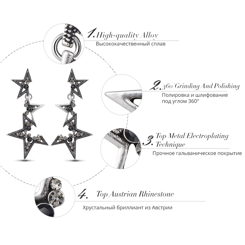 Viennois Vintage Silver Star Drop Earrings For Women Abstract Rhinestone Geometric Long Dangle Fashion Jewelry 2019