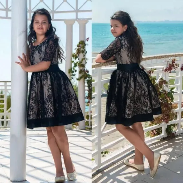 

New Black Lace Flower Girls Dresses For Weddings 2018 New Half Sleeves Knee Length Lace Girl Pageant Gown