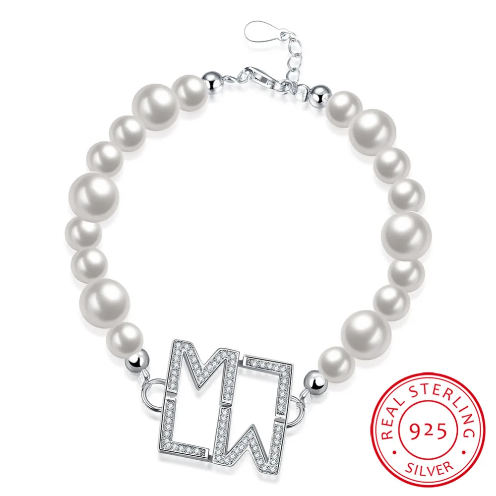 

925 Sterling Silver Simulated Pearl Cubic Zirconia Bracelets & Bangles Letter Shape Bracelets For Women Gift for Her(BA102018)