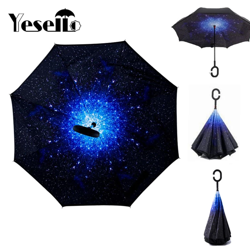 

Yesello Blue Sky Reverse Folding Double Layer Inverted Umbrella Self Stand Inside Out Rain Protection Long C-Hook Hands For Car