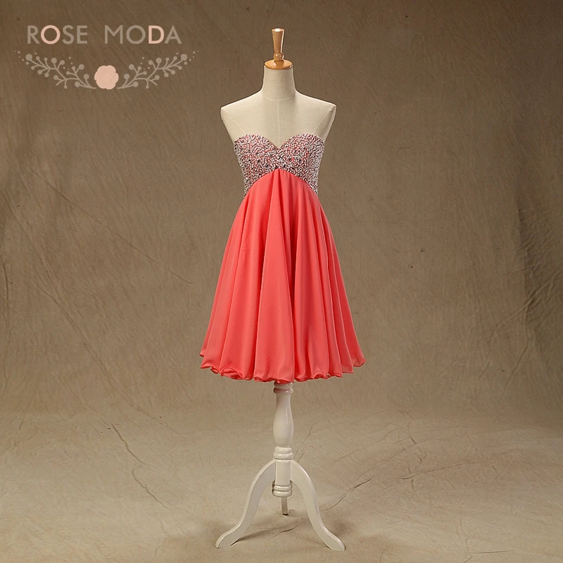 

Rose Moda Bling Coral Short Prom Dress Crystal Beaded Prom Dresses Party Dress 2018 Custom Made