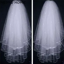 Летняя недорогая Фата для невесты двухслойные короткие тюлевые Свадебные вуали с бисером ленточным краем свадебные аксессуары для невесты