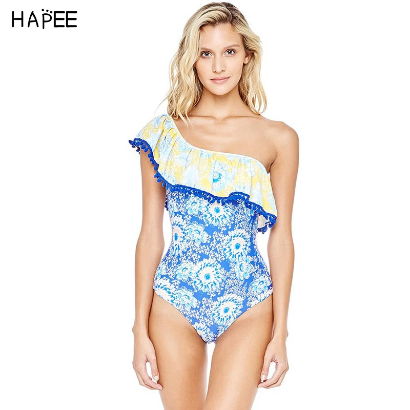 2019 New Ruffles Floral Bandeau One Piece Swimsuit Sexy Off Shoulder Monokini Ruffled Swim Suit Swimwear Bathing Suit For Women