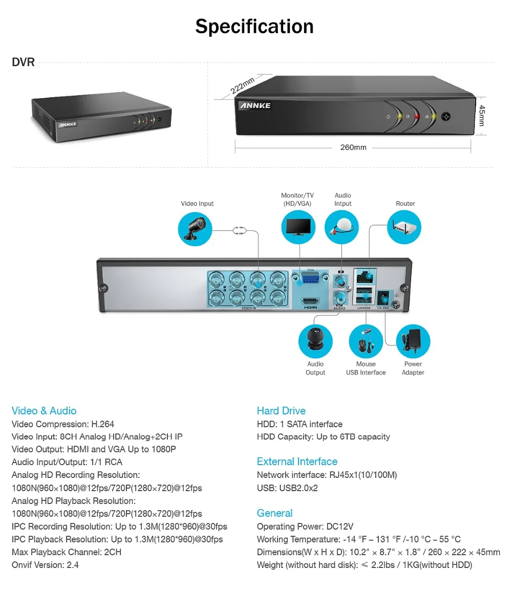 ANNKE 8CH HD 1080P видео безопасности Системы 1080N H.264+ 5in1 DVR с 6X2 Мп TVI цилиндрическая водонепроницаемые внешние Камера комплект домашнего видеонаблюдения