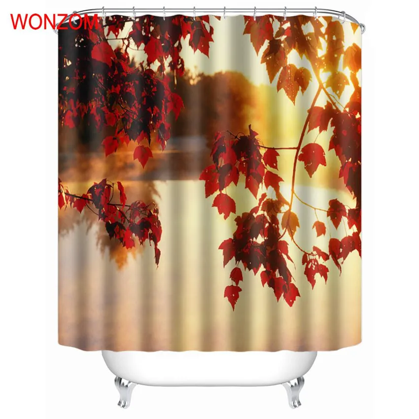 

WONZOM Autumn Leaves Shower Curtains with 12 Hooks For Bathroom Decor Modern Landscape Bath Waterproof Curtain Gift