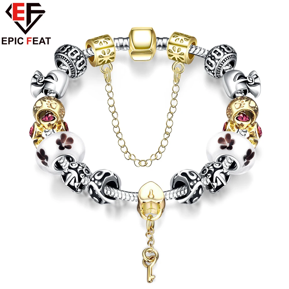 EPICFEAT Key Pendant Charm Bracelet with Safety Chain Gold Beads Flower