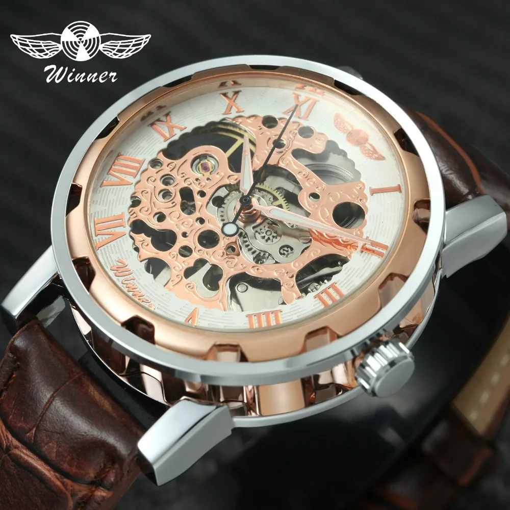 2018 WINNER Fashion Unisex Women Men Mechanical Watch Leather Watchband Stainless Steel Case Skeleton Dial Wristwatch For Ladies