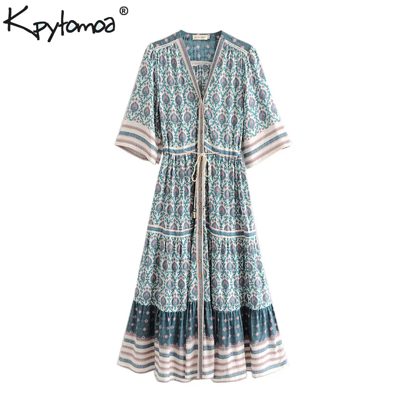 

Boho Vintage Floral Print Pleated Long Dress Women 2019 New Fashion Bandage V Neck Summer Beach Dresses Casual Femme Vestidos