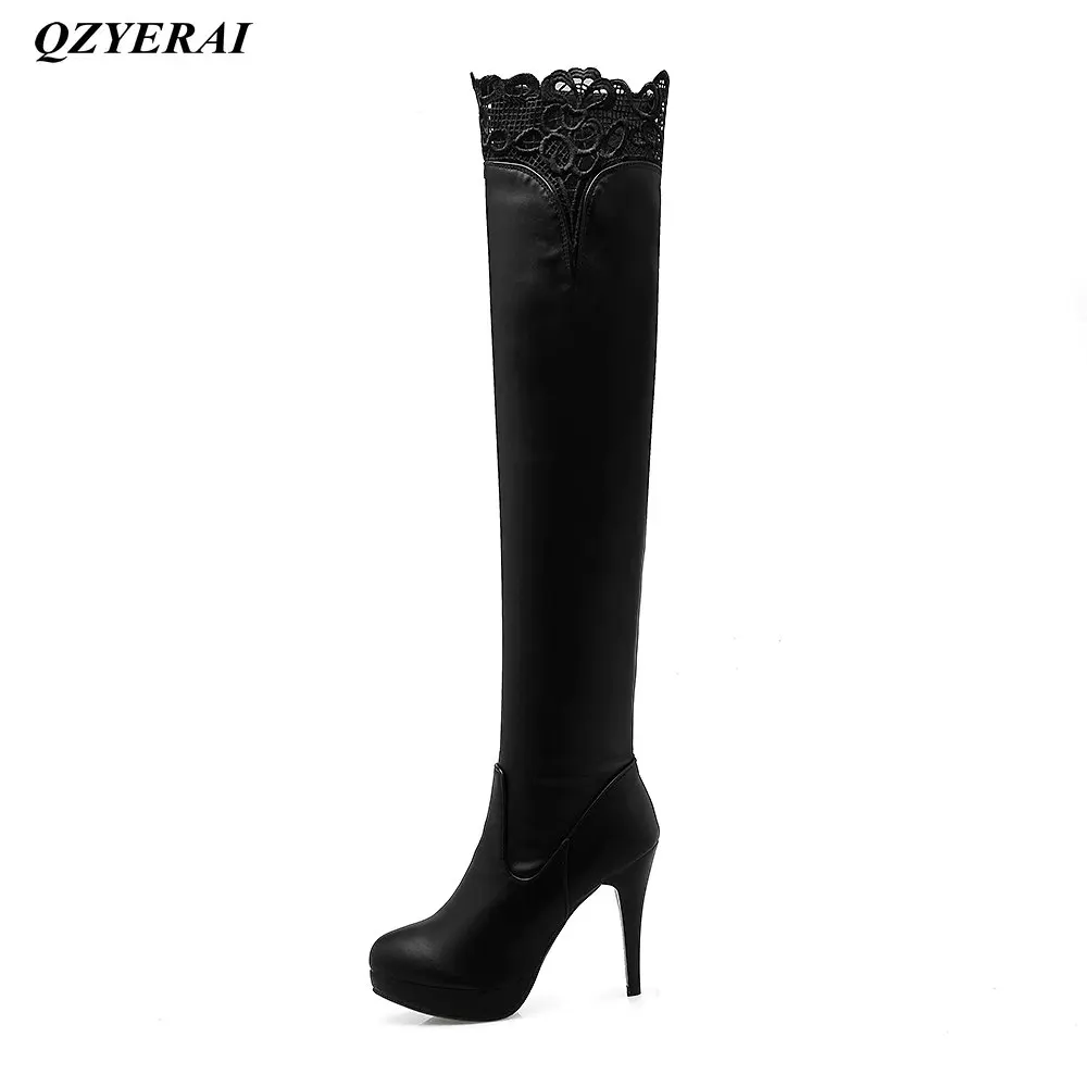 

QZYERAI Autumn and winter to the thigh fine heels womens boots hollowed-out lace fashionable womens shoes womens boots