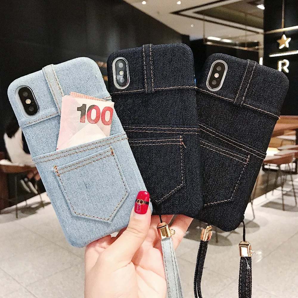 

Phone Case Jean Denim Cloth Anti-knock For iPhone 7 6 6s 8 Plus X XS Max XR Cases Card Holder Shells Back Cover With Lanyard