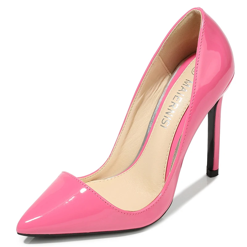 MAIERNISI/женские туфли на тонком каблуке с острым носком свадебные вечерние туфли из лакированной кожи с острым носком на каблуке 11 см женские большие размеры 35-46 - Цвет: Pink