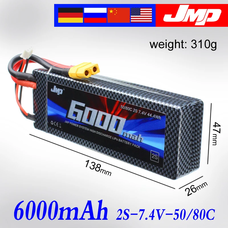 

2pcs JMP Lipo Battery 2S 6000mAh 7.4V Battery Pack 50C Battery for TRAXXAS SUMMIT E-REVO HPI FLUX