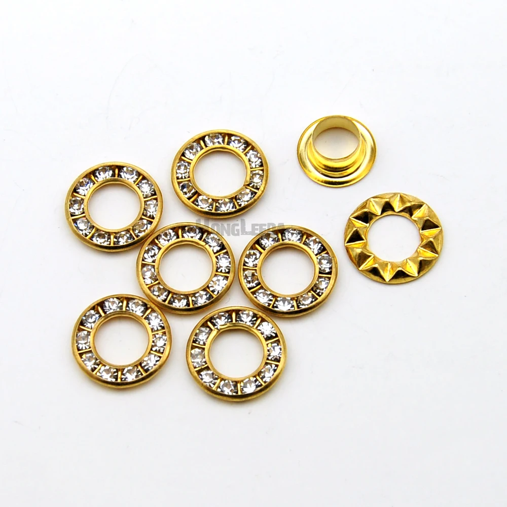 Eyelet Grommet Ring 100sets 12mm Round Metal Brass Rhinestone Eyelets Crystal Diamond Grommets Glass Eyelets Knit Address Decoration