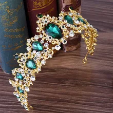 Барокко Винтаж золото Зеленый Синий, Красный Кристалл Свадебная Корона-Тиара театрализованный Вуаль со стразами тиара повязки на голову свадебные аксессуары для волос