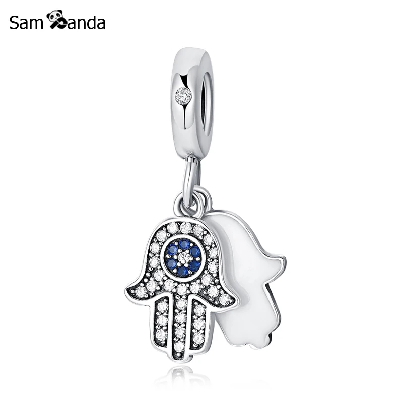 

New 100% 925 Sterling Silver Charm Bead Lucky Hamsa Hand Pendant Charms Blue Crystals Fit Pandora Bracelets Women DIY Jewelry