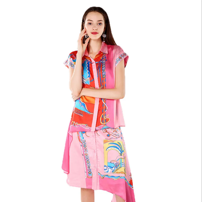 2019 Spring Summer New Amazing Light Cooked Temperament Cartoon Positioning Printing Doll Collar Irregular Shirt Long Skirt Suit 2019 Spring Summer New Amazing Light Cooked Temperament Cartoon Positioning Printing Doll Collar Irregular Shirt Long Skirt Suit