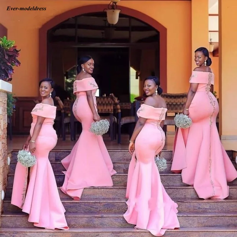 

Mermaid Pink African Bridesmaid Dresses Off The Shoulder Appliques Bodice Long Split Wedding Guest Dresses 2020 Vestidos