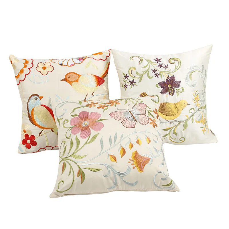 Embroidered Sofa Throw Cushions Cover Silk Pillow Cover Birds Chinese